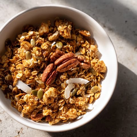 Homemade granola clusters, packed with rolled oats, almonds, and seeds, are perfect for breakfast yogurt.
