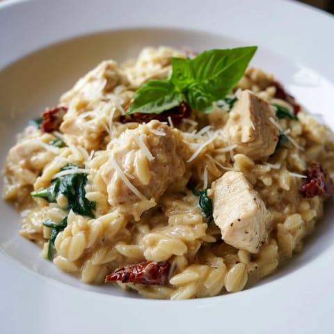 A spoonful of Tuscan Chicken Orzo with melted Parmesan and fresh basil garnish on a white plate.