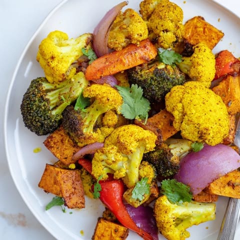 Serving suggestion for Anti-Inflammatory Turmeric Roasted Vegetables as a colorful side dish over fluffy quinoa.