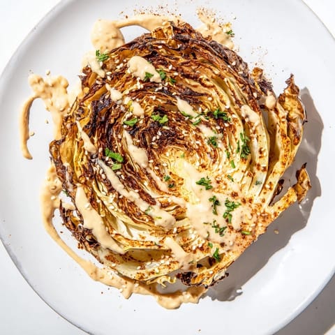 Hearty vegan Roasted Cabbage Steaks With Tahini, caramelized edges and velvety sauce, perfect as a plant-based main or side.