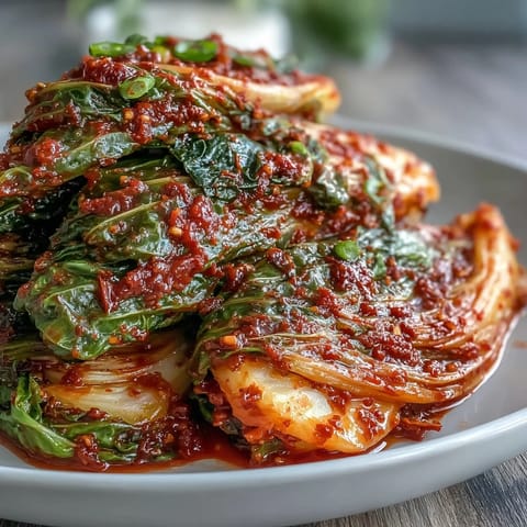 A jar of homemade kimchi, glistening with chili paste and ready for fermentation.
