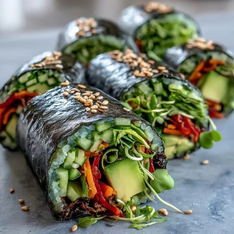 Freshly made nori rolls showcasing colorful vegetables and creamy avocado, perfect for a healthy lunch.