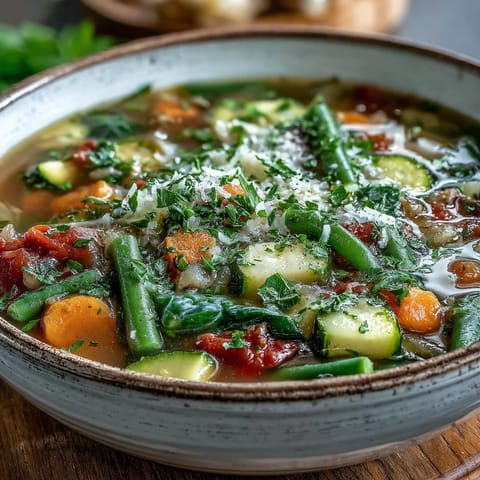 Colorful Italian Herb Vegetable Soup simmering in a pot, showcasing carrots, zucchini, celery, and red bell peppers.