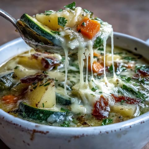 Close-up of Parmesan Veggie Soup topped with melted cheese and fresh parsley, served with crusty bread.