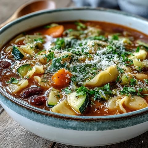 Served in a rustic bowl, this hearty Italian soup is topped with fresh parsley and grated Parmesan cheese.