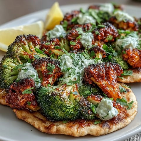 Roasted Harissa Broccoli and Flatbreads with charred florets and warm flatbreads ready for a vegetarian dinner.