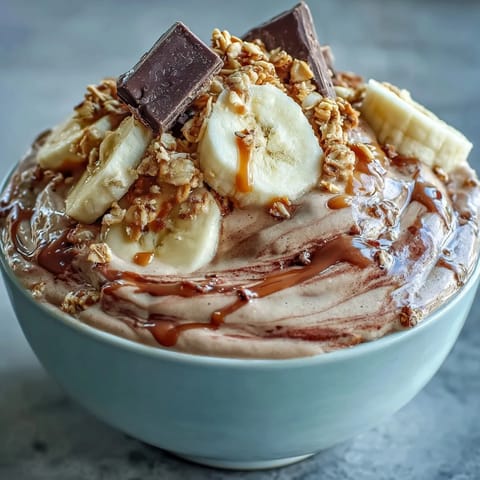 Thick, frosty Chocolate Peanut Butter Smoothie Bowl served in a white bowl with peanut butter drizzle and fresh banana slices.