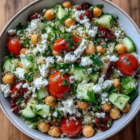A freshly tossed High Protein Quinoa & Chickpea Salad with crisp cucumber, chickpeas, and herbs, ready to serve at a sunny lunch gathering.