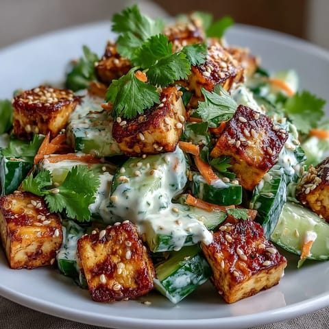 This vegetarian Creamy Asian Cucumber Salad with Crispy Tofu features crunchy cucumbers tossed in a rich sesame ginger dressing.