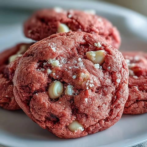 Stack of warm Pink Velvet Cookies showing vibrant pink centers and gooey white chocolate chips.