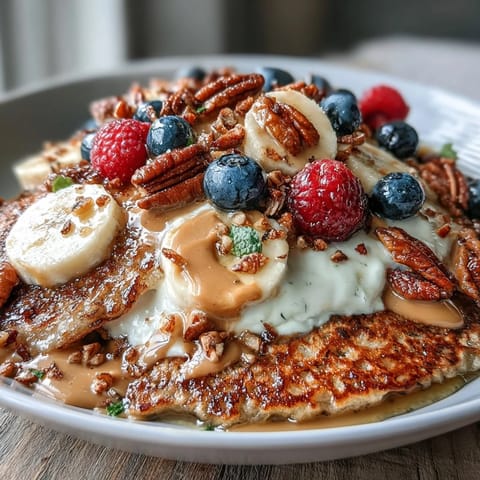 Enjoy a warm Protein Pancake Bowl topped with creamy yogurt, fresh strawberries, blueberries, crunchy granola, and nut butter.