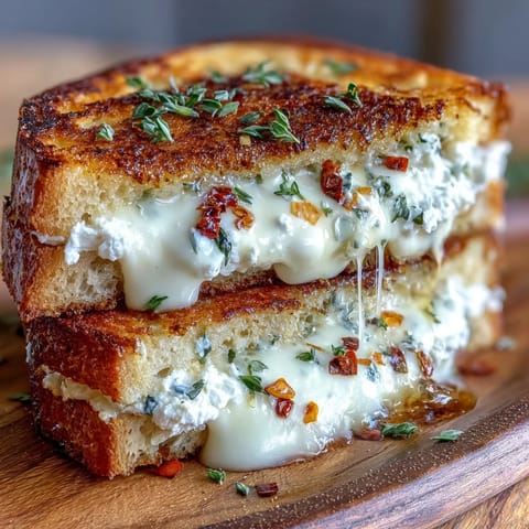 Close-up of buttery crust on goat cheese grilled cheese with honey and chili flakes, served with arugula and sliced pear.