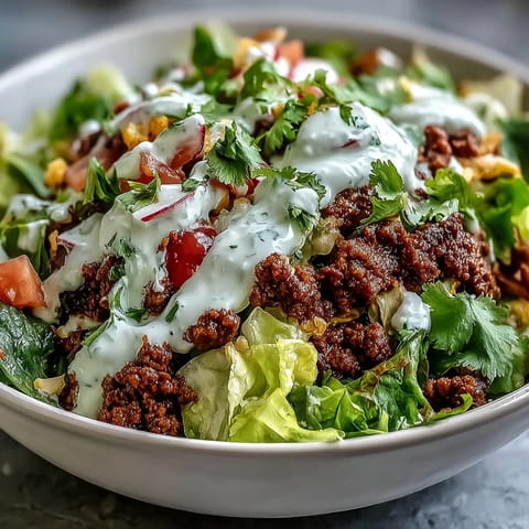 A close-up of a Healthy Taco Bowl drizzled with creamy lime yogurt crema and garnished with sliced avocado.