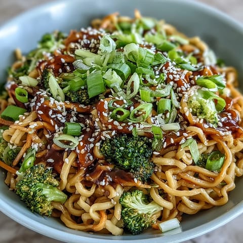 A vibrant bowl of Asian Teriyaki Noodle Bowl with crisp broccoli and julienned carrots.
