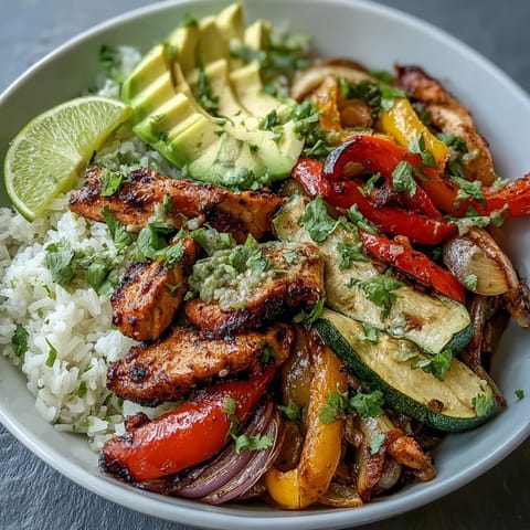 A close-up of a healthy Sheet Pan Fajita Bowl garnished with avocado, cilantro, and lime.