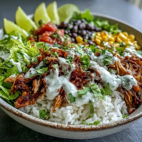 A close view of a Carnitas Burrito Bowl with tender pork, zesty lime crema drizzle, fresh cilantro garnish, and lime wedges ready for serving.