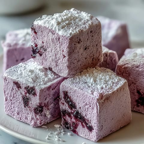 Soft, pillowy Black Currant Marshmallows in a baking pan with a vibrant purple hue.