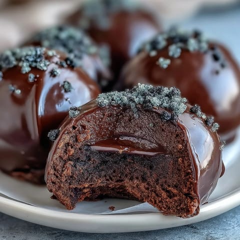 A close-up of Black Currant Chocolate Truffles on a rustic wooden board, with crushed freeze-dried berries and cocoa dust for garnish.