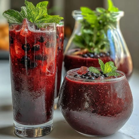 Black Currant It Berry Celebration Drink creamy smoothie poured into a glass with a straw and banana garnish.