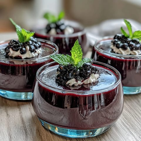 Silky-smooth Black Currant Panna Cotta served on a dinner plate with a silver spoon and a sprig of mint.