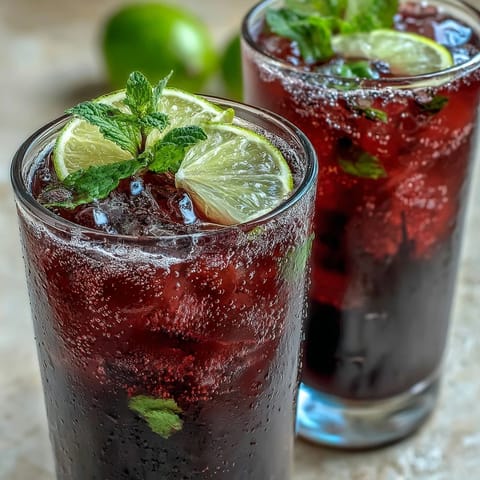 A close-up of a chilled Black Currant Mocktail garnished with fresh mint and lime slices, beading with condensation on the glass.