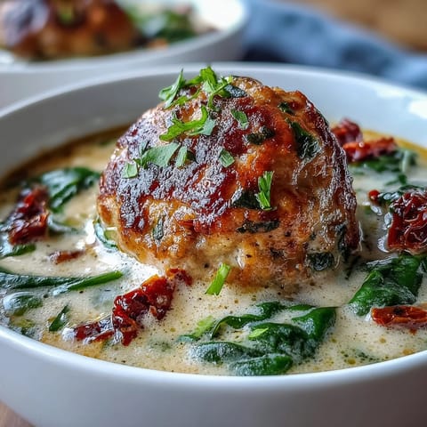 Homemade Creamy Tuscan Turkey Meatball Soup served with crusty bread, showcasing tender meatballs and sun-dried tomatoes in a creamy garlic broth.
