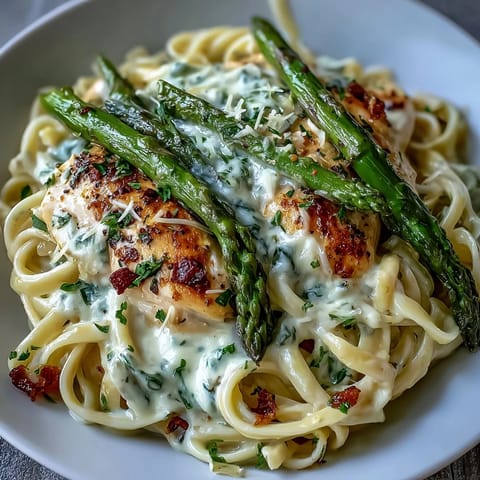 Steaming bowl of Creamy Asiago Chicken & Asparagus Pasta garnished with fresh parsley. A hearty Italian-American dinner served with a glass of white wine on the side.
