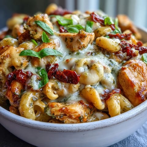 Creamy Pesto Chicken Chili Mac served in a rustic bowl, topped with fresh basil and extra Parmesan cheese.