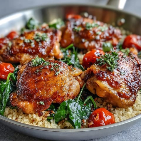 A one-pan garlic butter chicken couscous meal topped with fresh parsley and lemon wedges.