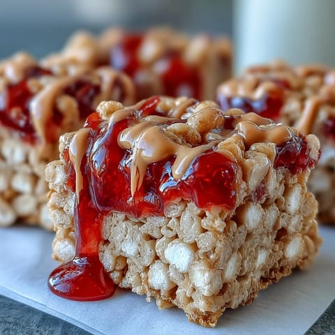 High-Protein PB&J Rice Krispie Bars sit on a wooden board with a visible peanut butter drizzle and berry jelly swirls.