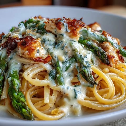 Golden-brown roasted asparagus tossed with creamy Asiago Chicken pasta on a dinner plate.