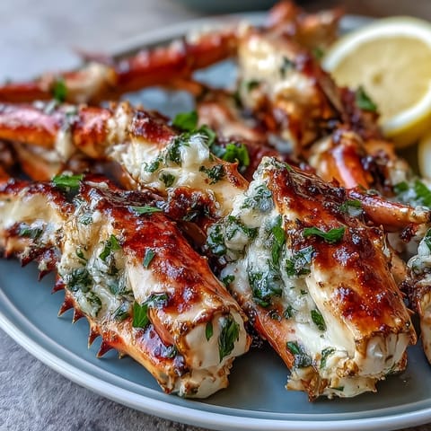 Succulent crab legs smothered in rich garlic butter, served hot on a plate with lemon wedges for squeezing.