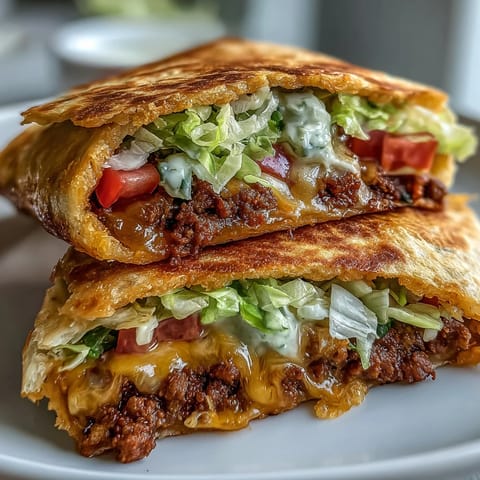 Freshly cut Keto Taco Bell Copycat Crunchwrap halves reveal layers of crisp lettuce, diced tomatoes, and sour cream nestled inside a low-carb shell.