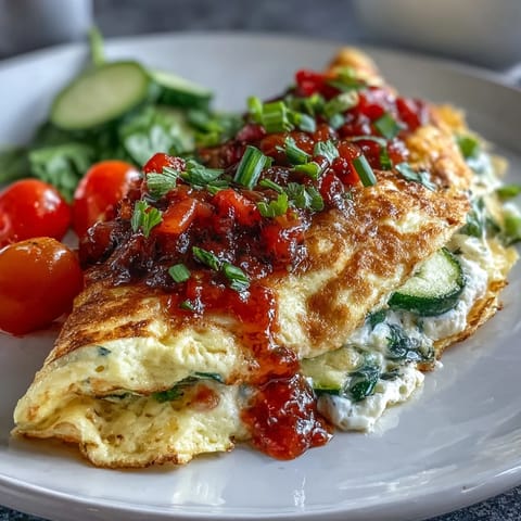 A close-up of the Light Veggie Egg White Omelette, its golden, fluffy interior studded with bright spinach and red bell peppers. Topped with a vibrant, chunky salsa of diced tomatoes and fresh cilantro.