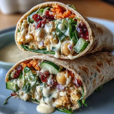 Colorful vegan wraps bursting with creamy lemon-tahini chickpeas, fresh spinach, and crunchy vegetables, ideal for a quick and healthy lunch.