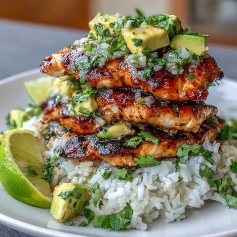 Juicy honey-lime marinated chicken breast served over fragrant rice and topped with creamy avocado and red onion mix.  