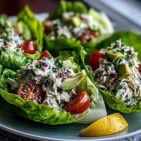 Fresh tuna salad lettuce cups packed with protein and topped with avocado slices for a healthy lunch.