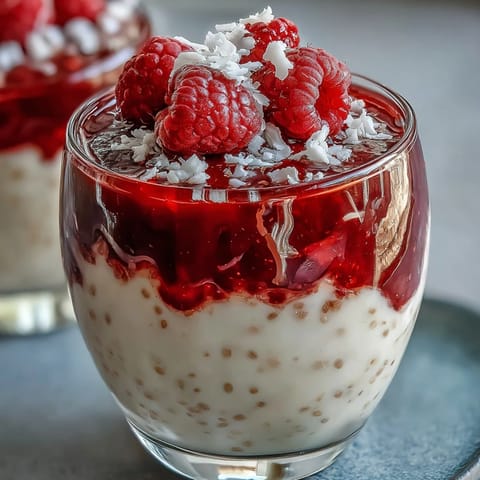 Vegan raspberry coconut chia parfait with creamy coconut pudding and tangy raspberry layers, topped with fresh berries and coconut flakes.