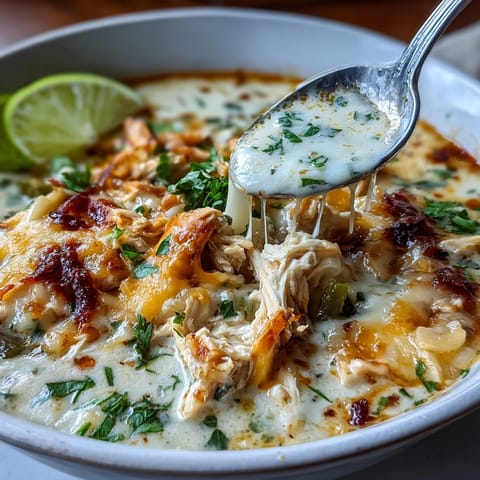 A steaming bowl of Keto Creamy Chicken Enchilada Soup garnished with fresh cilantro and lime wedge.  