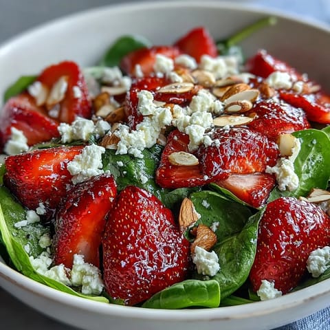 Vibrant spring salad with baby spinach, sweet strawberries, creamy feta, and crunchy toasted almonds.  