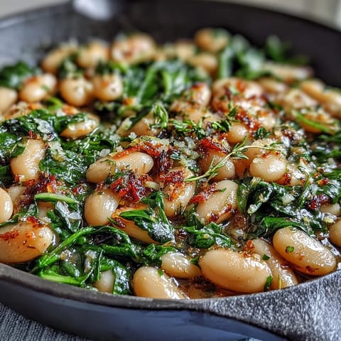 A colorful vegan skillet with creamy white beans, wilted spinach, and bright lemon-garlic flavor, perfect for a healthy weeknight dinner.