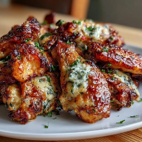 Golden-brown roasted wings coated in savory garlic parmesan butter, accompanied by crunchy celery and a side of cool, tangy ranch dressing—perfect for low-carb dining.  