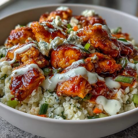 Keto Buffalo Chicken Cauliflower Rice Bowls with spicy chicken, fresh veggies, and creamy ranch drizzle on low-carb cauliflower rice.
