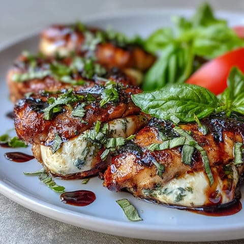 Grilled chicken Caprese salad with balsamic glaze, fresh tomatoes, mozzarella, and basil leaves.