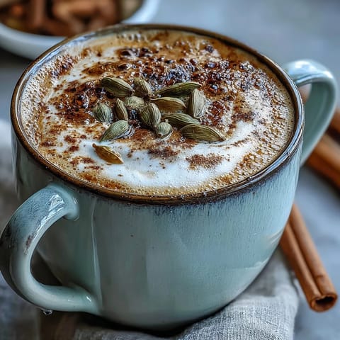 A creamy and aromatic cardamom chai latte with frothy milk and warming spices, perfect for cozy mornings.