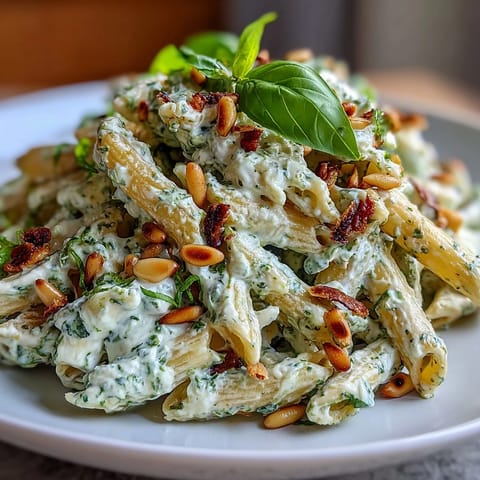 Creamy cream cheese pesto pasta with fresh basil, toasted pine nuts, and Parmesan in a vibrant green sauce.  