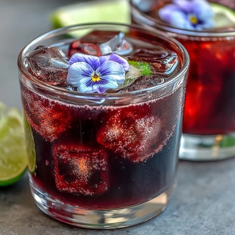 Elegant gin and black currant cocktail with lime wheel and edible flowers, perfect for summer sipping.