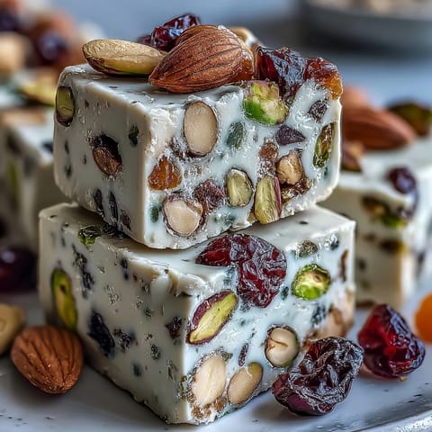 Homemade pistachio nougat with roasted nuts and colorful dried fruits, perfect for holiday gifting.  