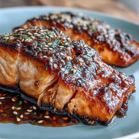 Juicy salmon fillets glazed with a rich teriyaki sauce, oven-baked until tender and topped with toasted sesame seeds and fresh green onions.  