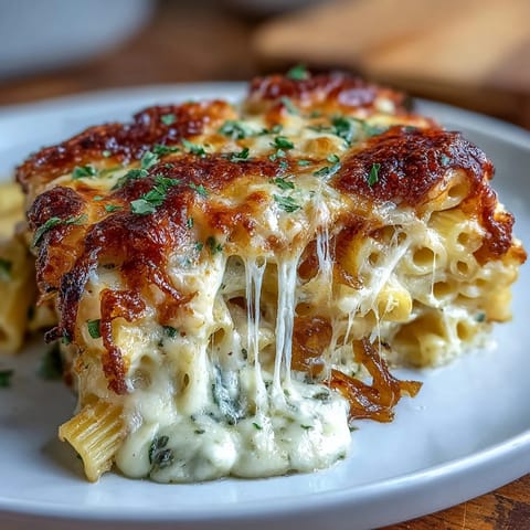 French Onion Soup Pasta Bake with caramelized onions, melted Gruyère, and creamy pasta in a golden, bubbling casserole.